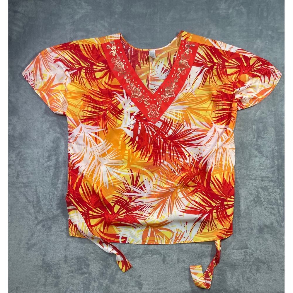Unbranded Tropical Palm Print V-Neck Top Orange Red Gold Foil Plus Size 1X 2X